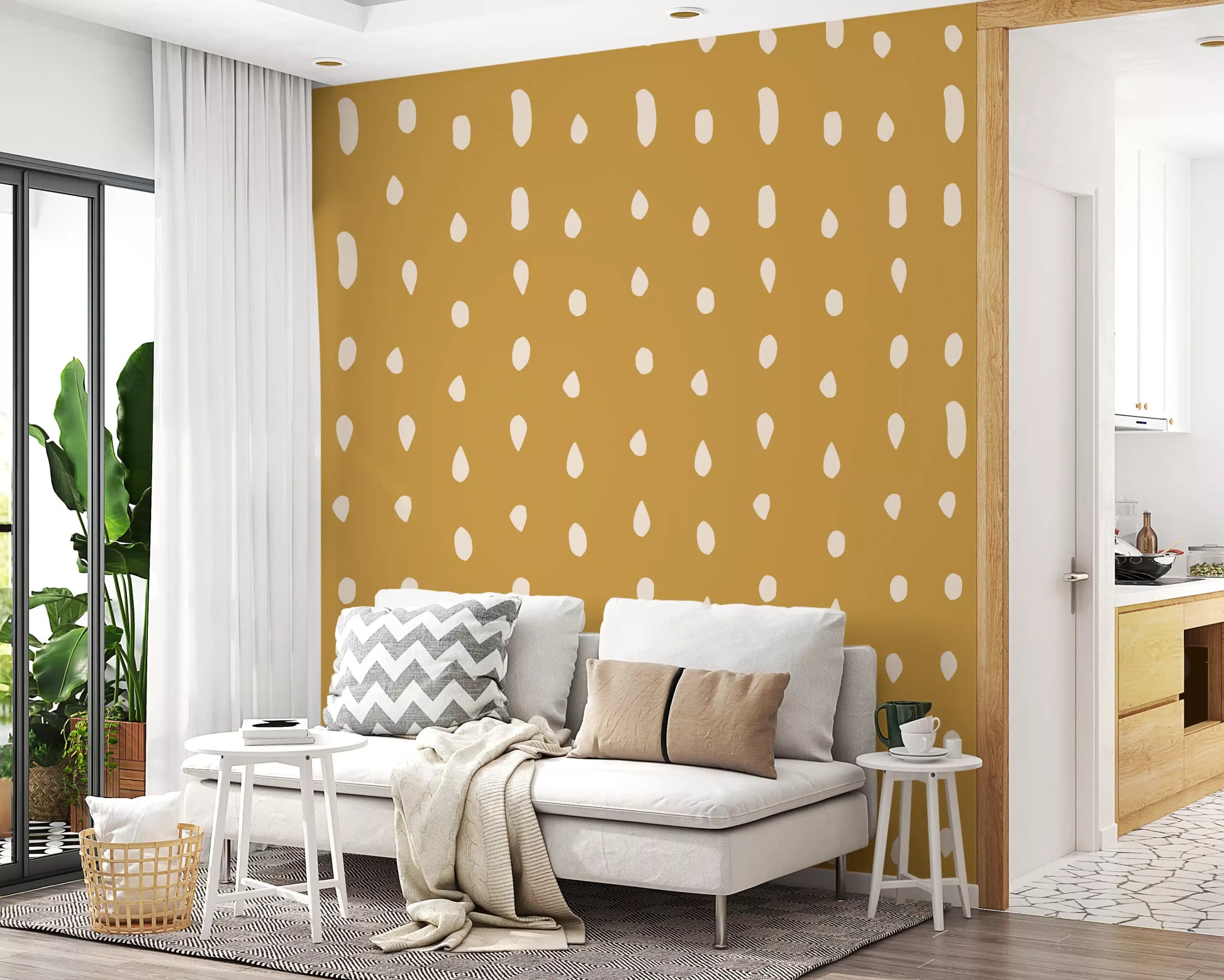 Living room with mid century seed dots mustard wall mural., GD10570