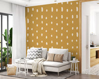 Living room with mid century seed dots mustard wall mural., GD10570