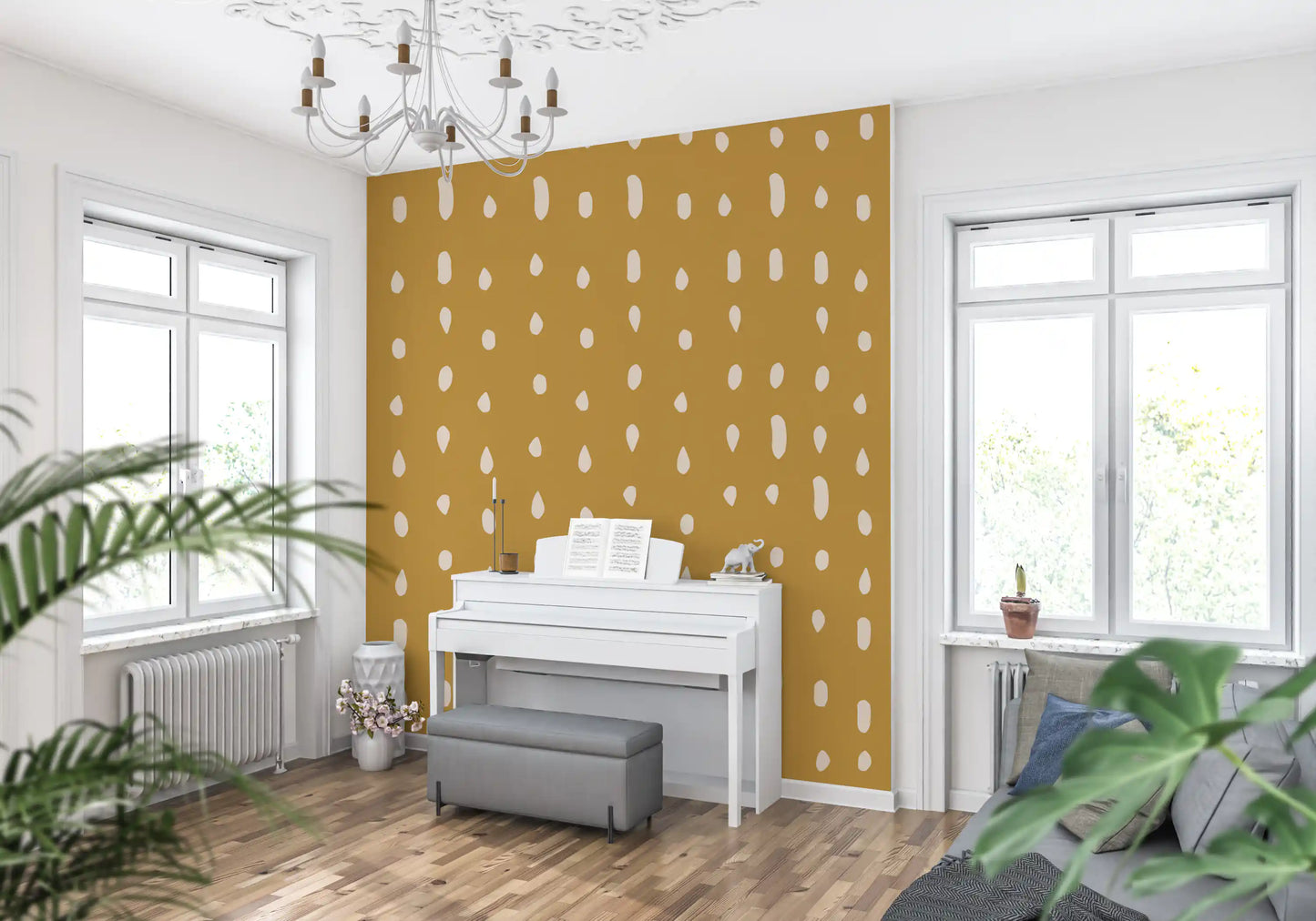 Mid-century cream dot pattern on mustard wall mural., GD10570