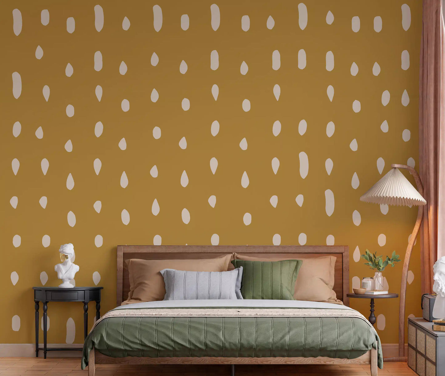 Bedroom interior covered in mustard seed dot pattern wall mural., GD10570