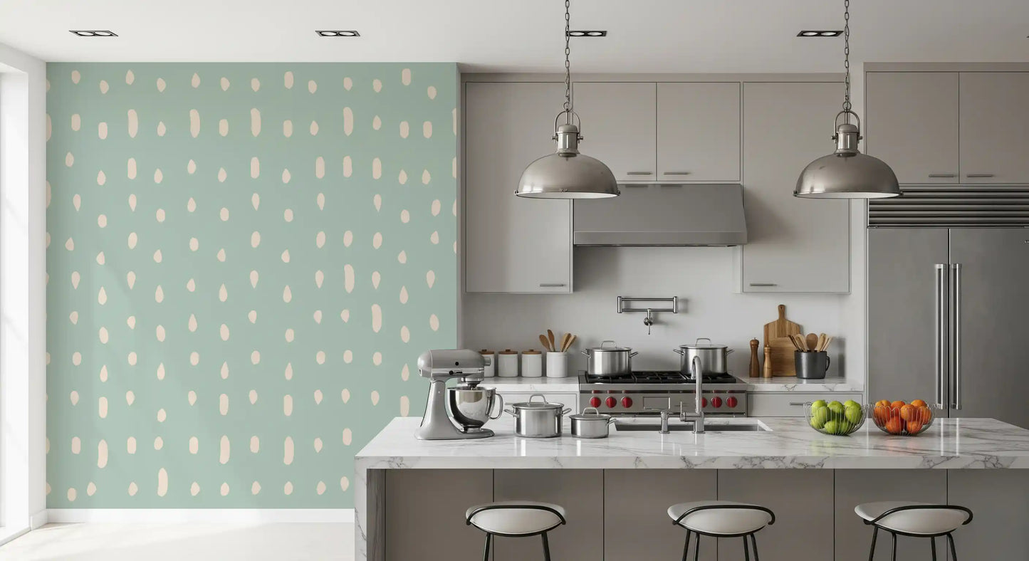 Cream organic dots on light sage wall mural in kitchen backdrop., GD10571