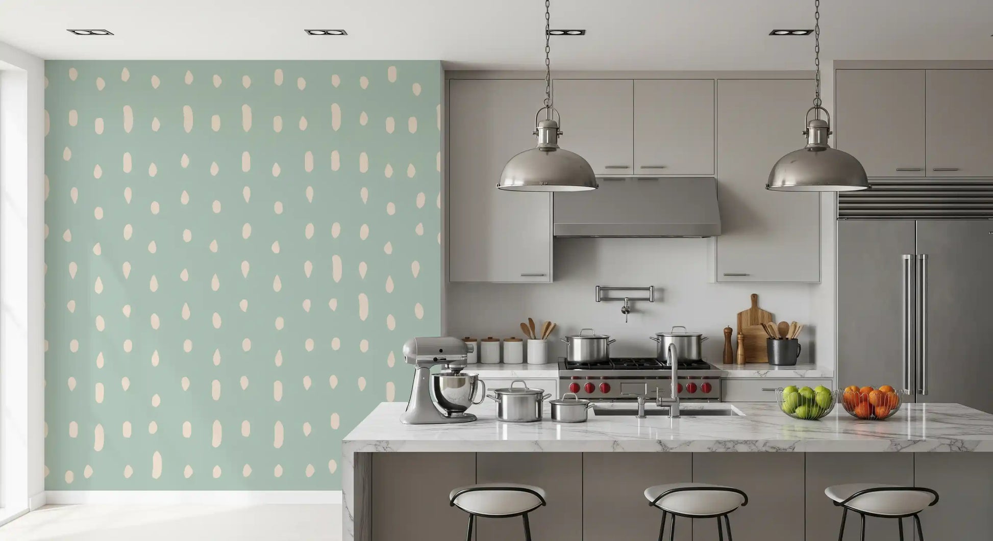Cream organic dots on light sage wall mural in kitchen backdrop., GD10571