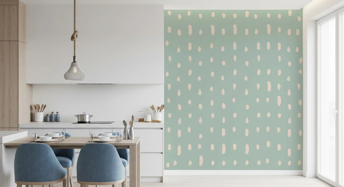 Light sage and cream seed dot wall mural in kitchen., GD10571