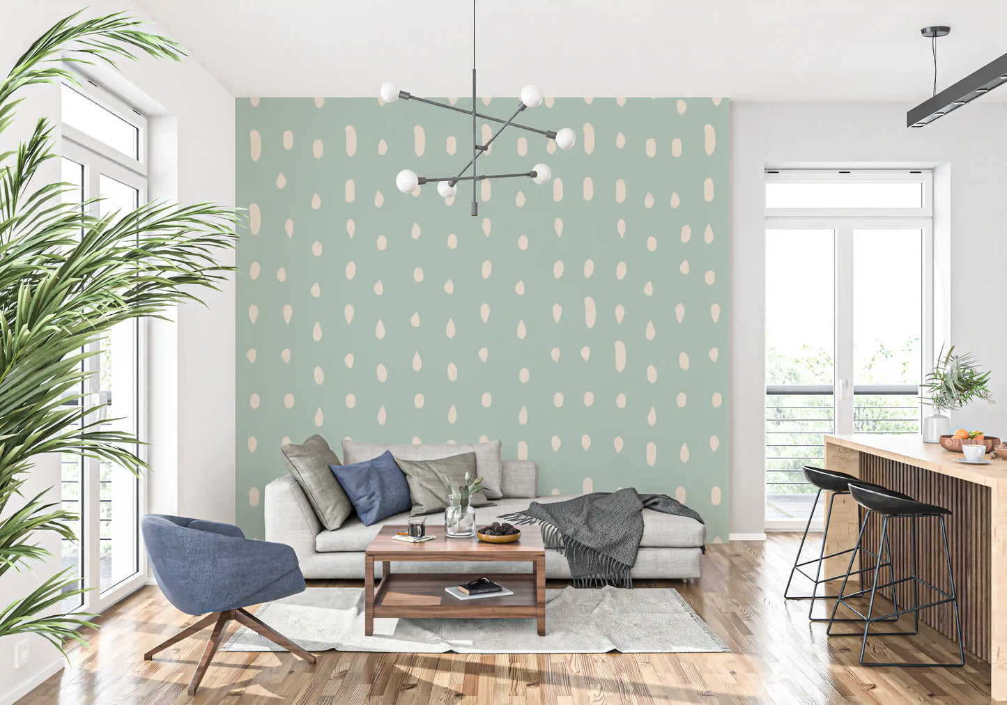 id-century organic dot pattern on light sage wall mural., GD10571