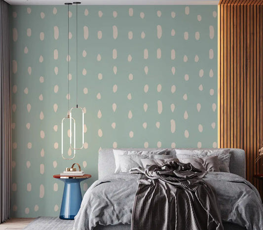 Light sage seed dot pattern wall mural in bedroom with mid century style.