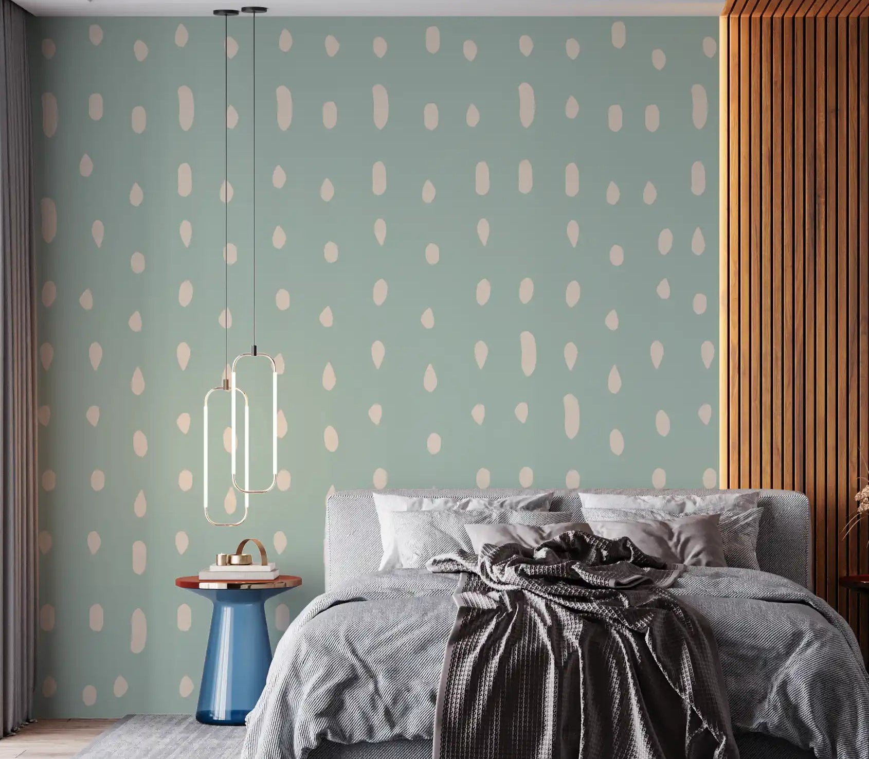 Light sage seed dot pattern wall mural in bedroom with mid century style., GD10571