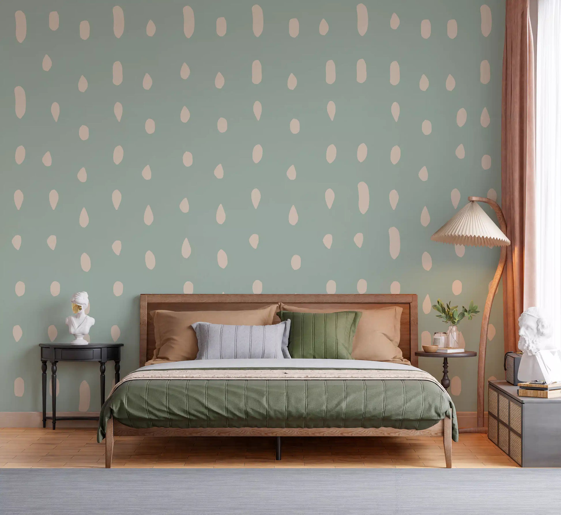 Bedroom with mid century seed dots light sage wall mural., GD10571