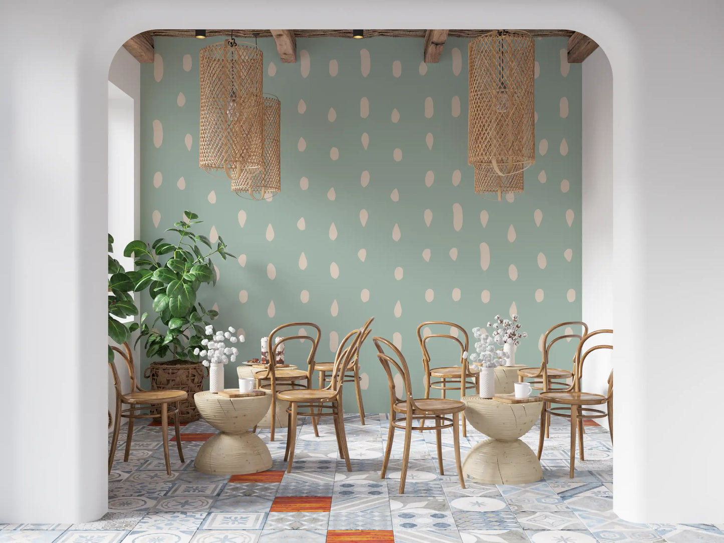 Organic cream dots pattern on sage green wall mural., GD10571