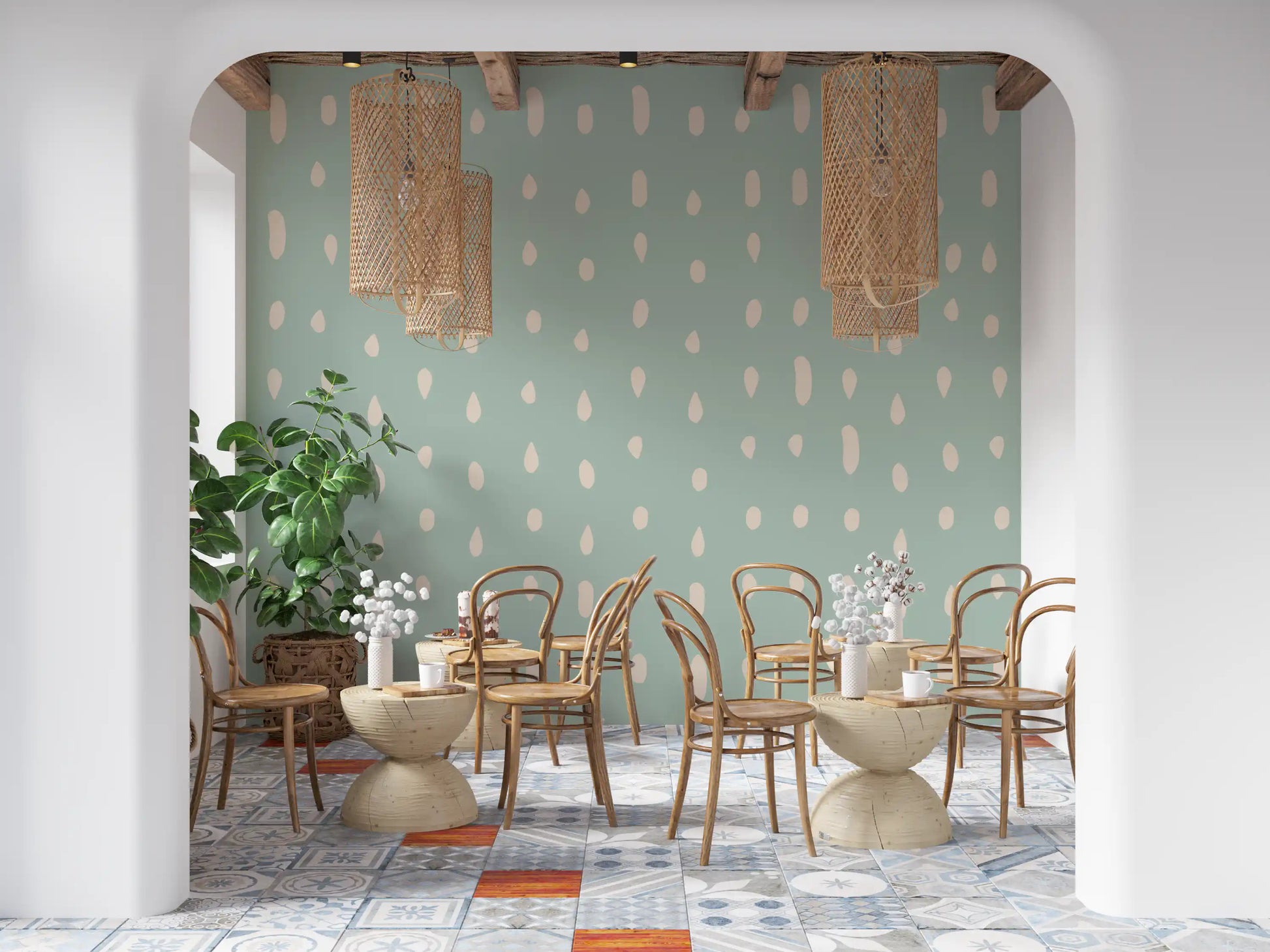 Organic cream dots pattern on sage green wall mural., GD10571