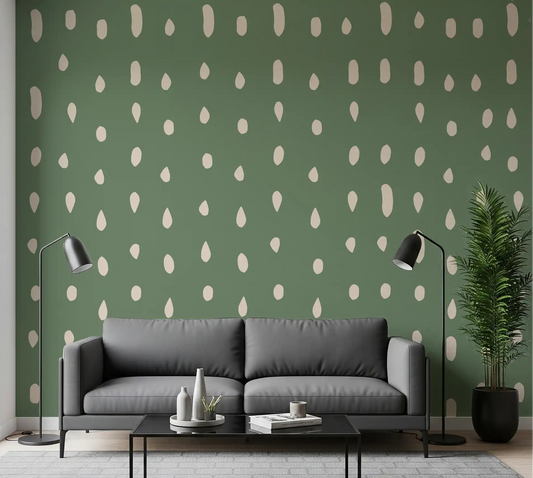 Living room with mid century seed dots sage green wall mural.