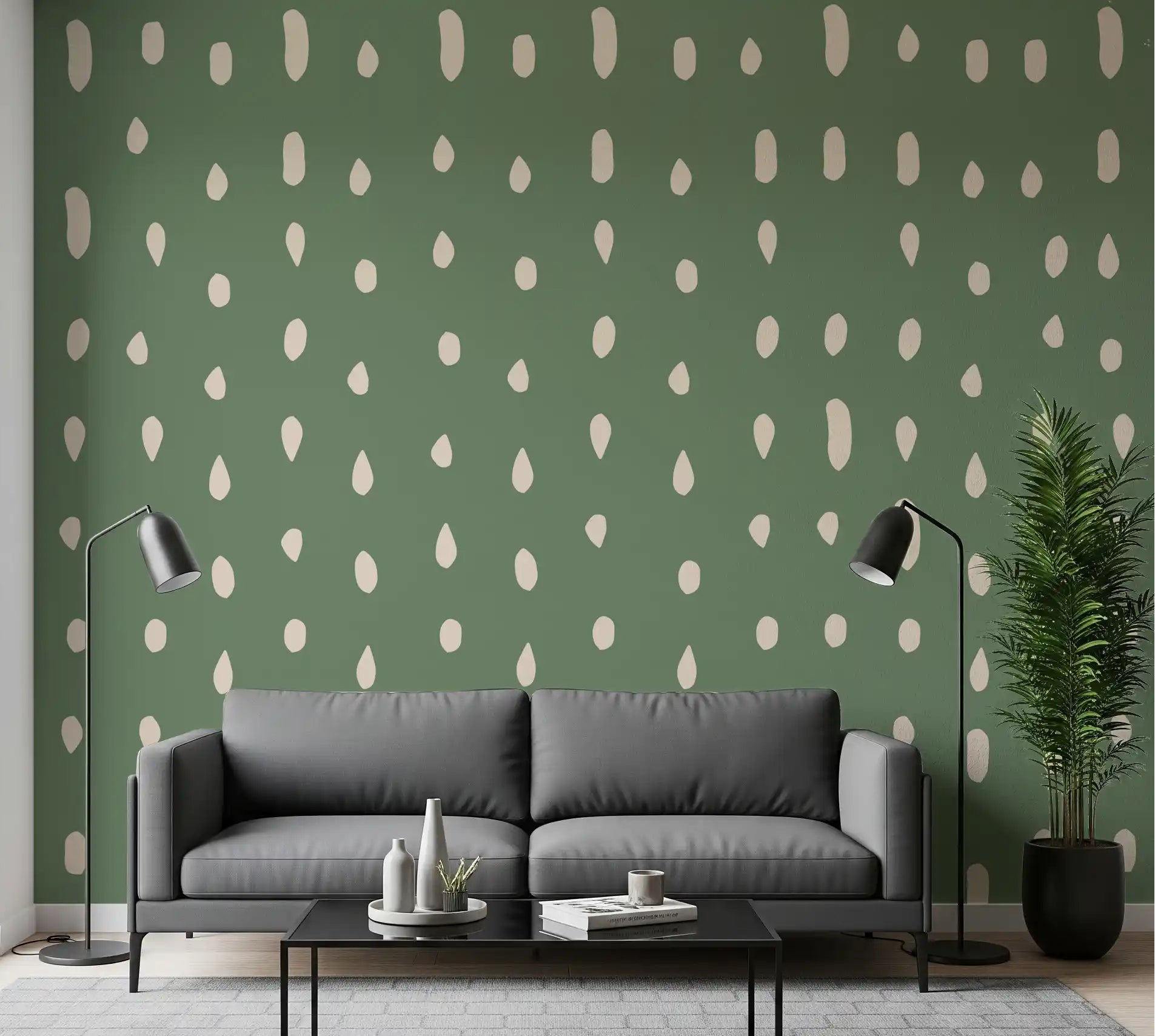 Living room with mid century seed dots sage green wall mural., GD10572