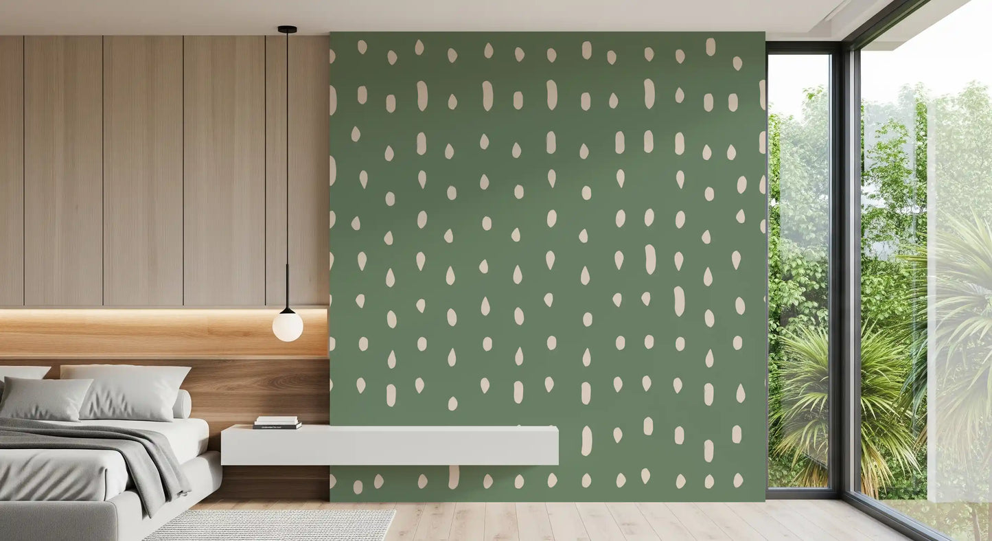 Pale cream dots pattern on rich sage green wall mural., GD10572