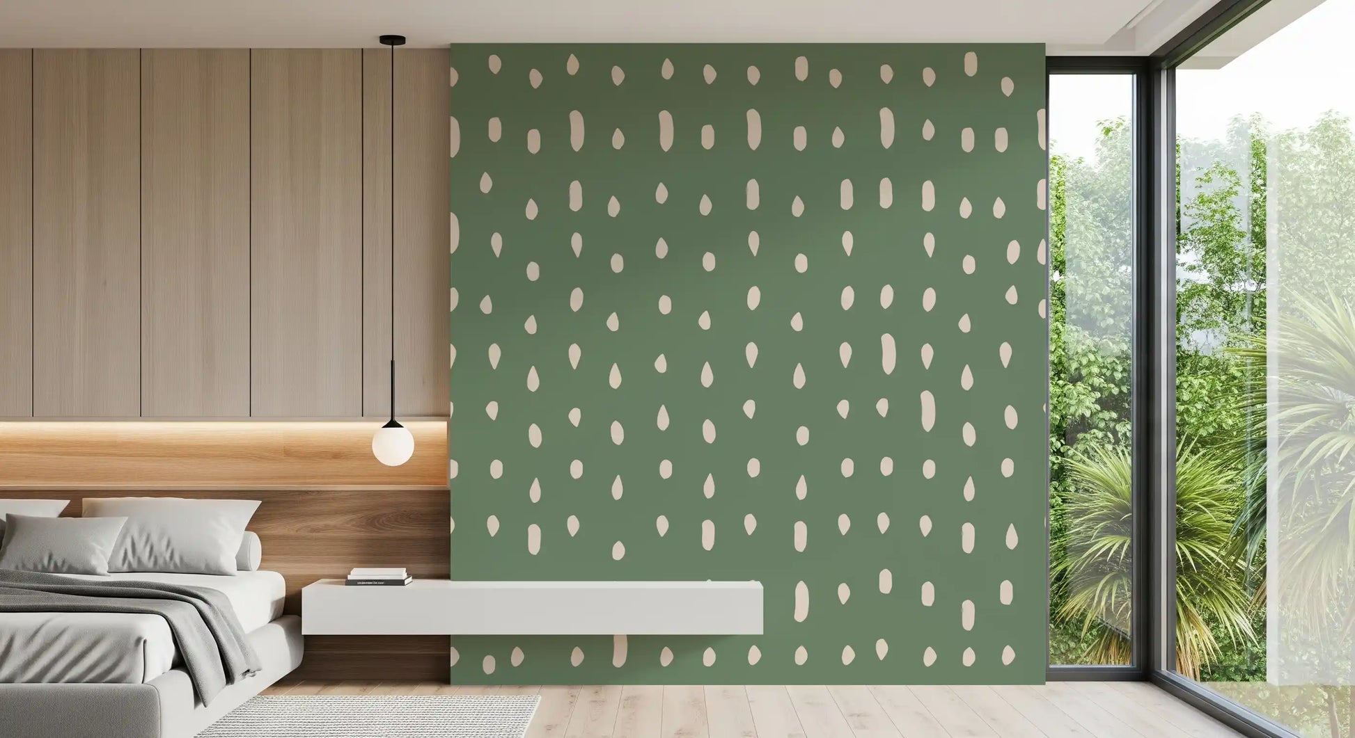 Pale cream dots pattern on rich sage green wall mural., GD10572