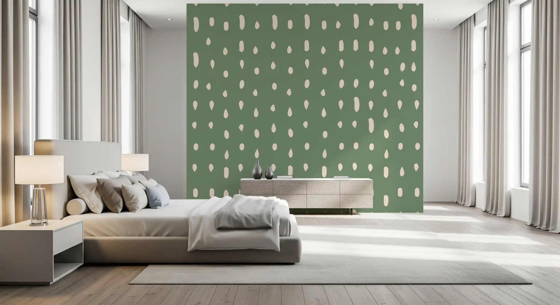 Sage green wall mural with staggered cream seed dot marks., GD10572