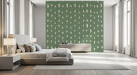 Sage green wall mural with staggered cream seed dot marks., GD10572