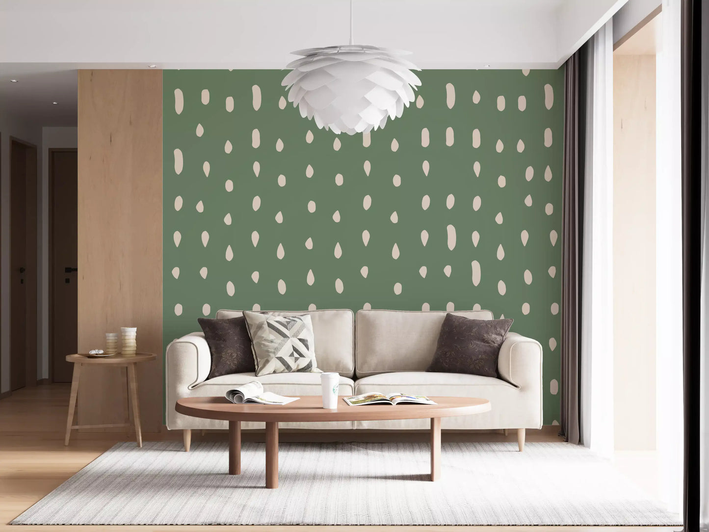 Cream organic dotted pattern on sage green wall mural in hallway., GD10572