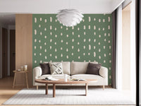 Cream organic dotted pattern on sage green wall mural in hallway., GD10572