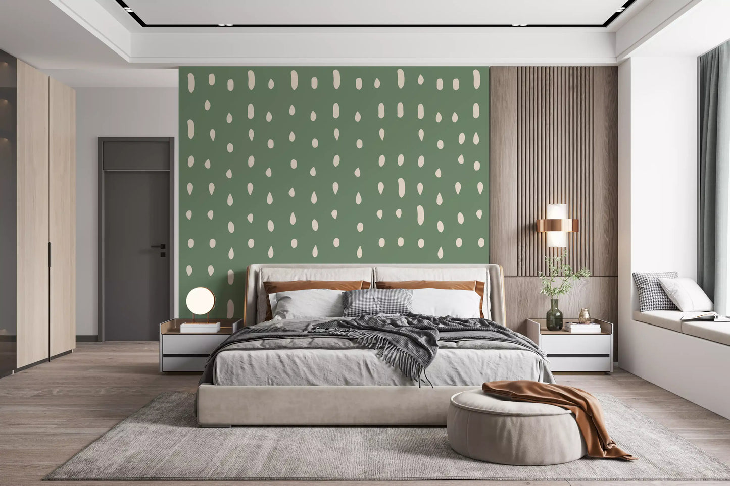 Bedroom with mid century seed dots sage green wall mural., GD10572