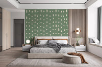 Bedroom with mid century seed dots sage green wall mural., GD10572