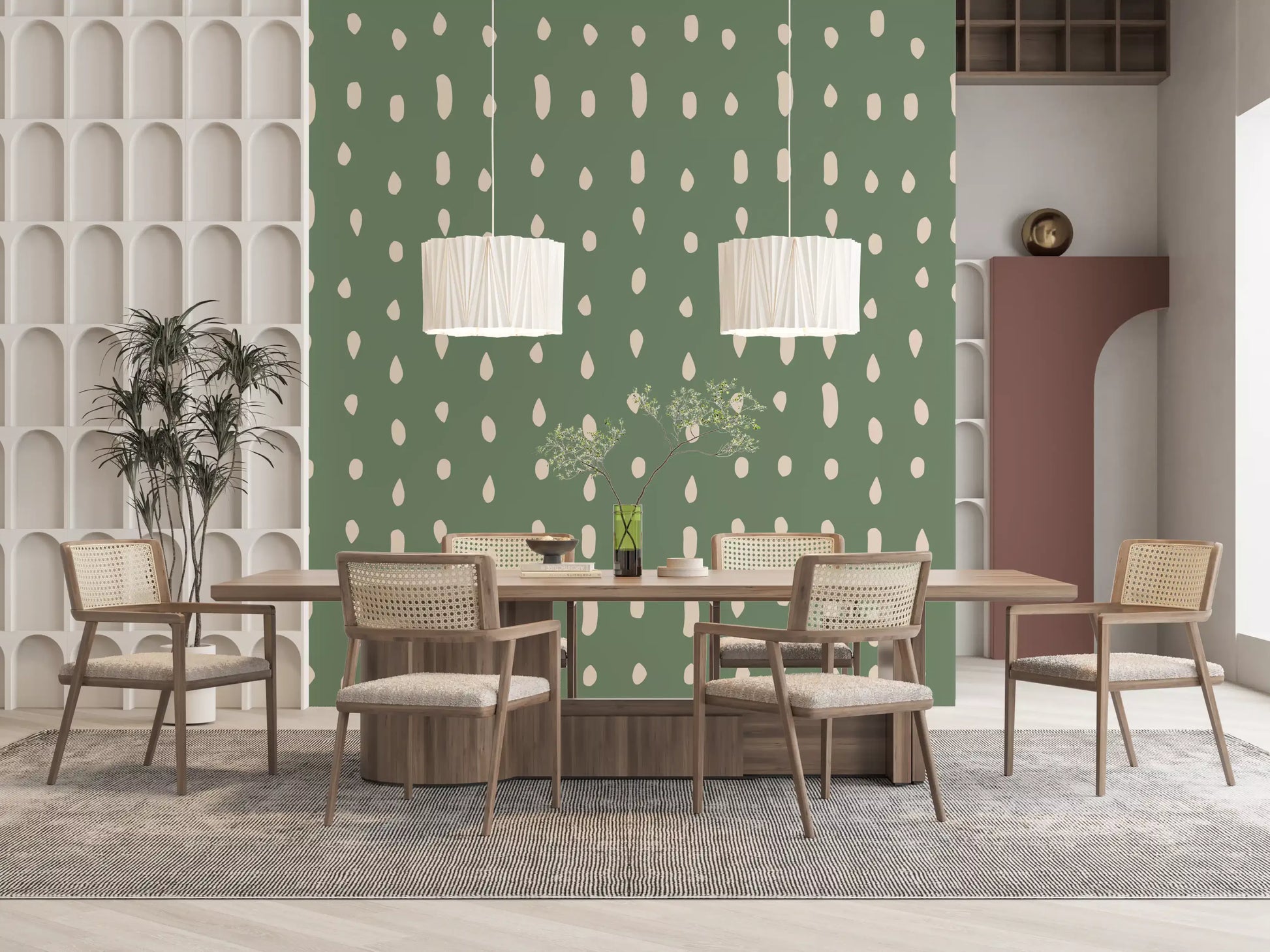 Sage green wall mural with irregular cream seed dot layout in dining room., GD10572
