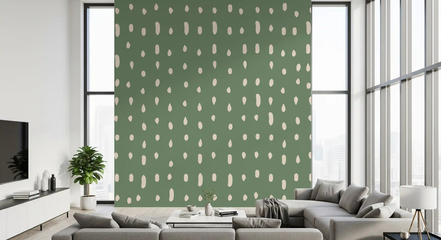 Mid-century cream dot repeat pattern on sage green wall mural., GD10572