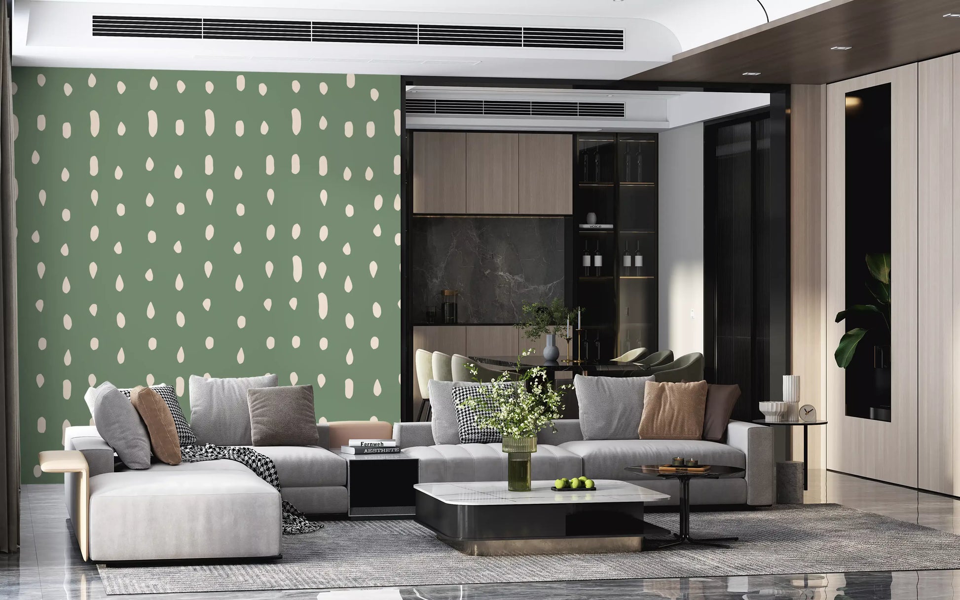 Organic dot pattern on deep sage wall mural in living room., GD10572