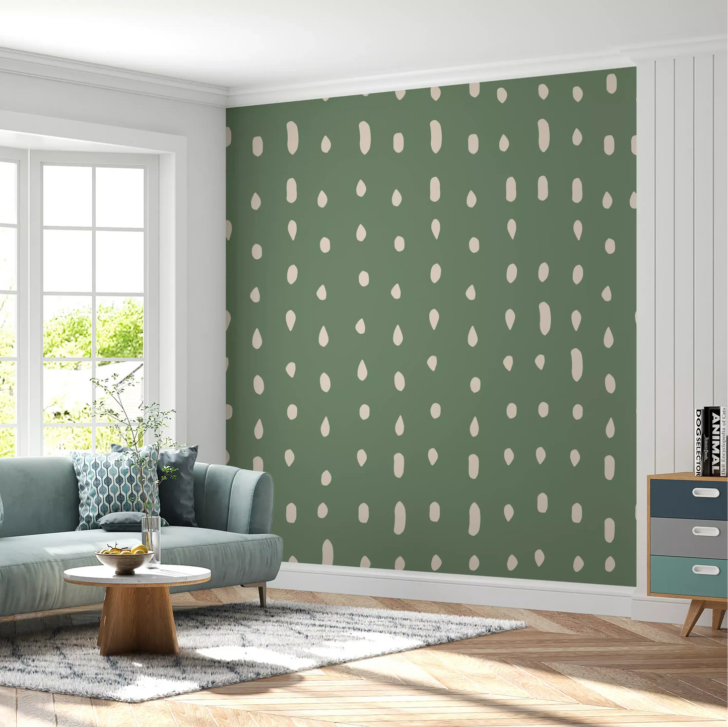 Sage green and cream seed dot wall mural in living area., GD10572