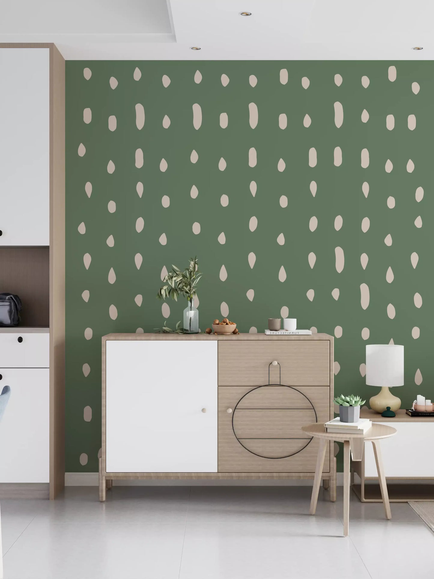 Sage green wall mural with Cream seed-shaped dots pattern., GD10572