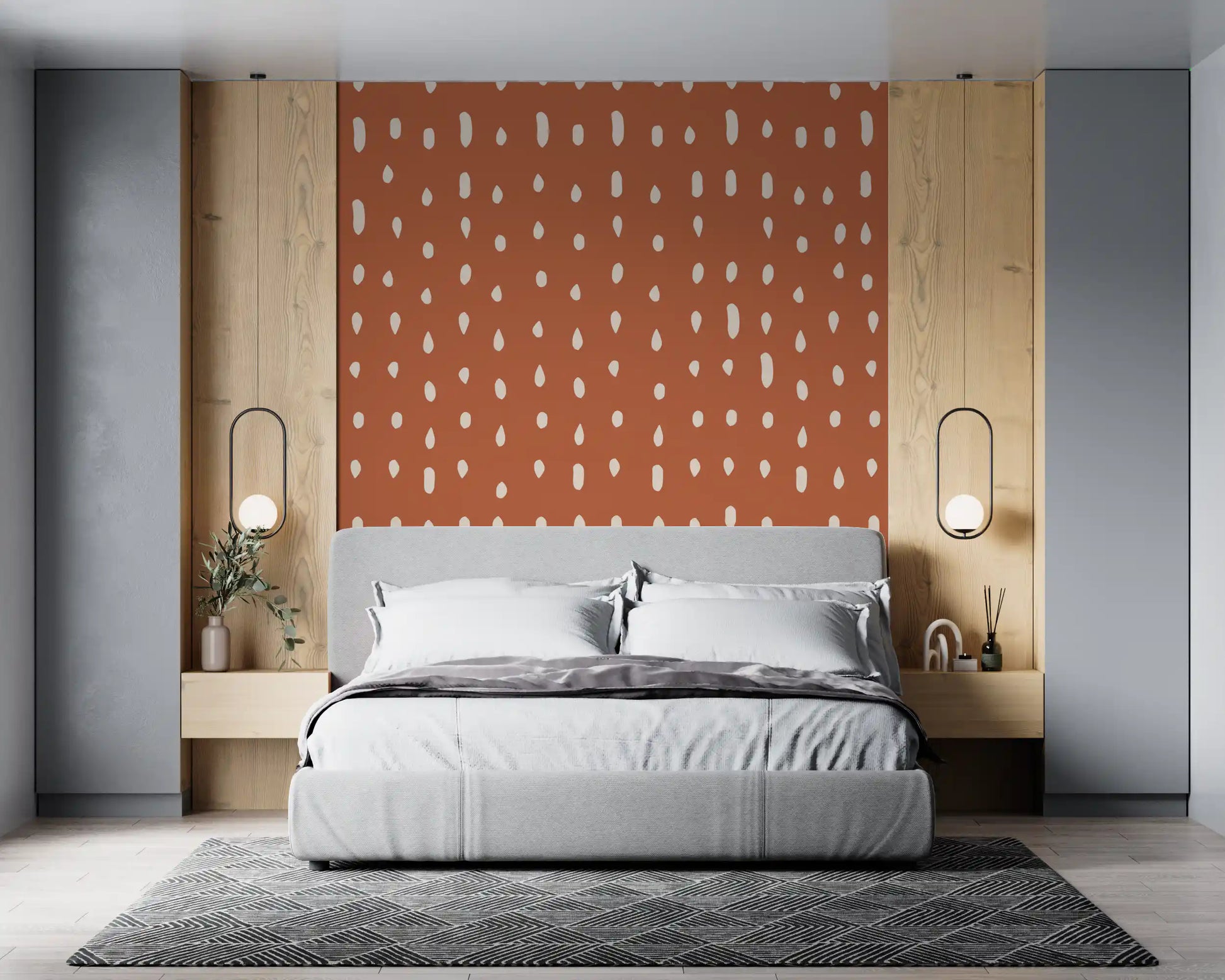 Bedroom with mid century seed dots terracotta wall mural., GD10573