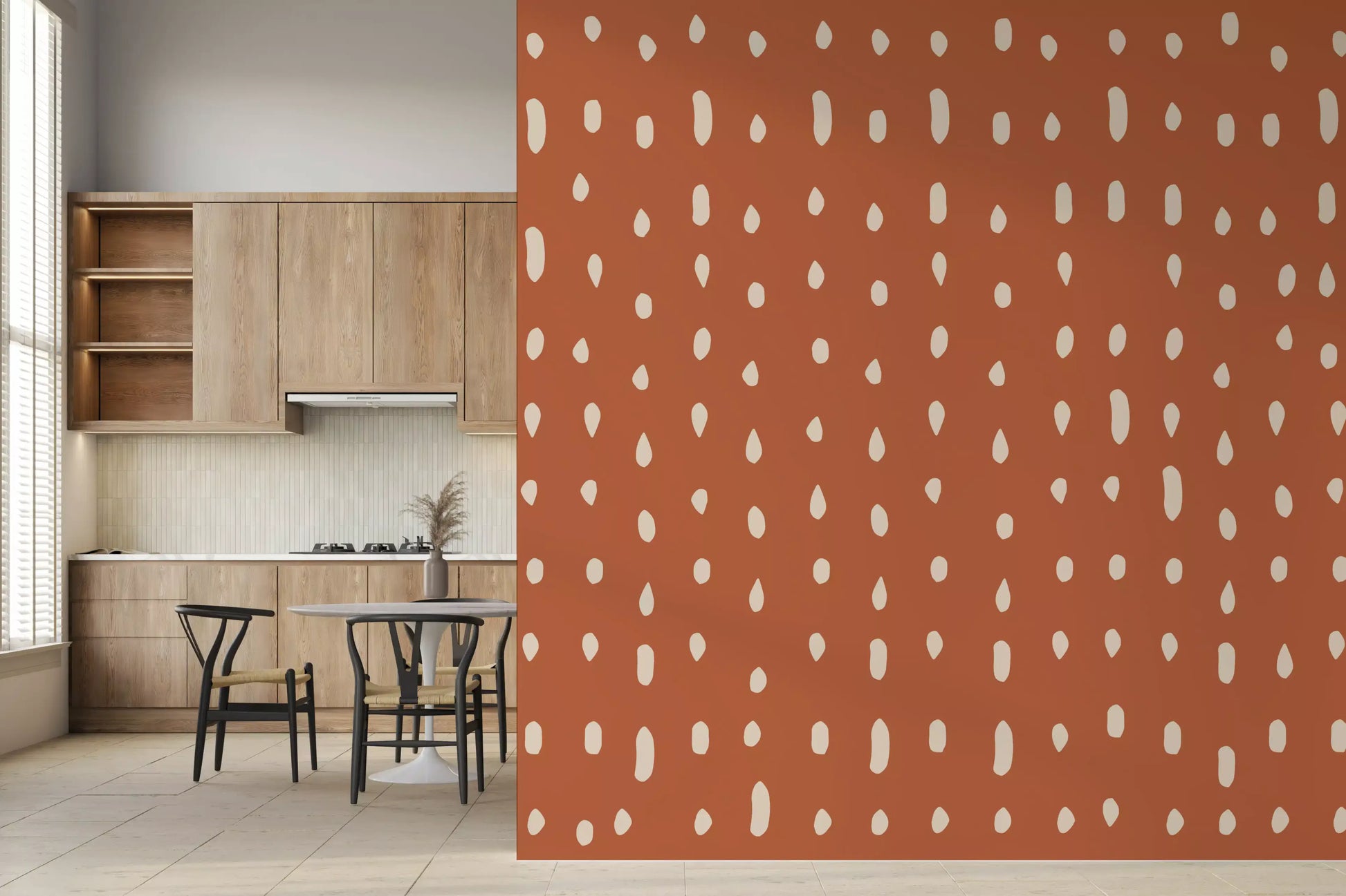 Pale cream dots on burnt terracotta wall mural with med century design., GD10573