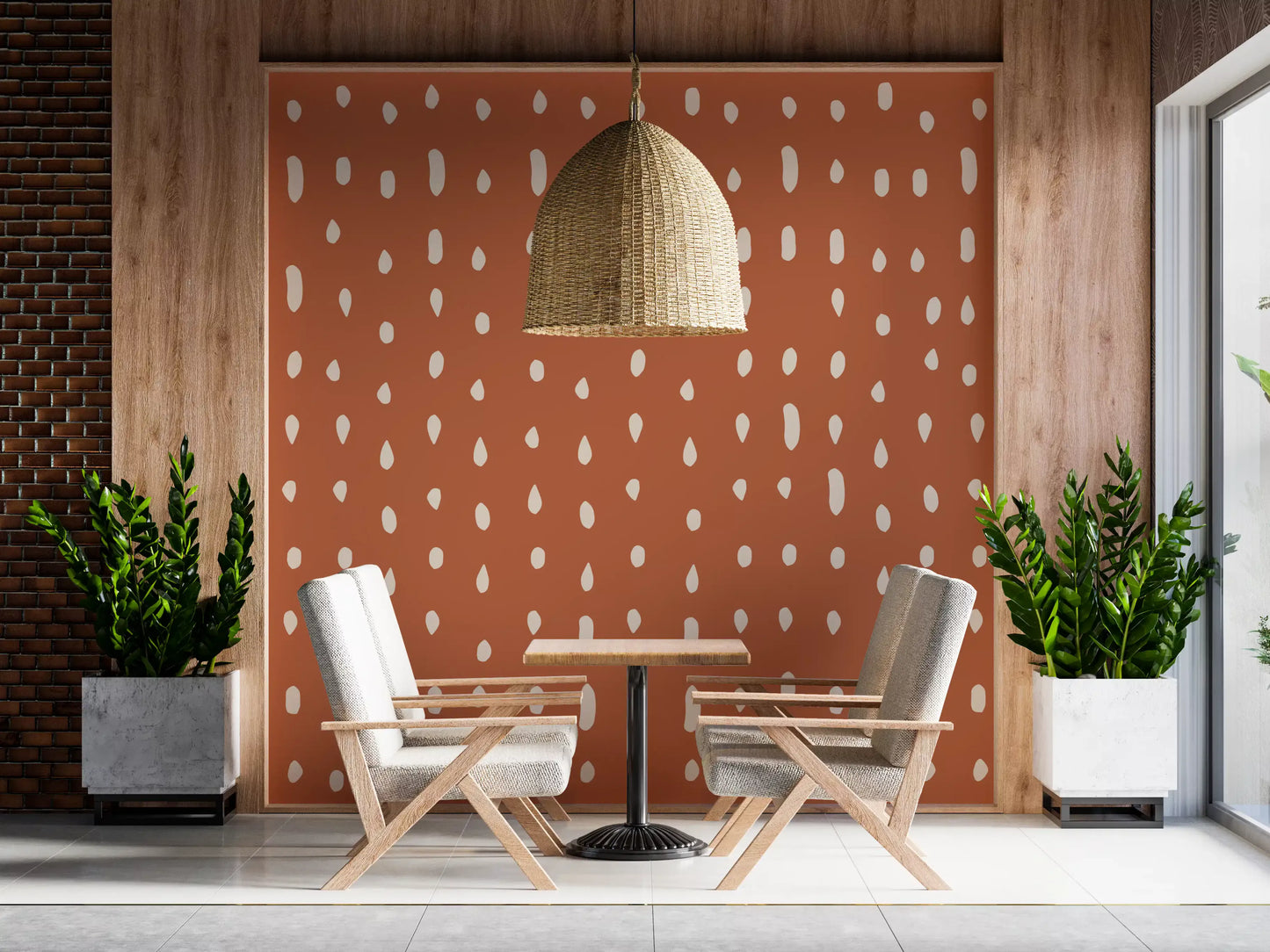 Mid-century organic dot pattern on terracotta wall mural., GD10573