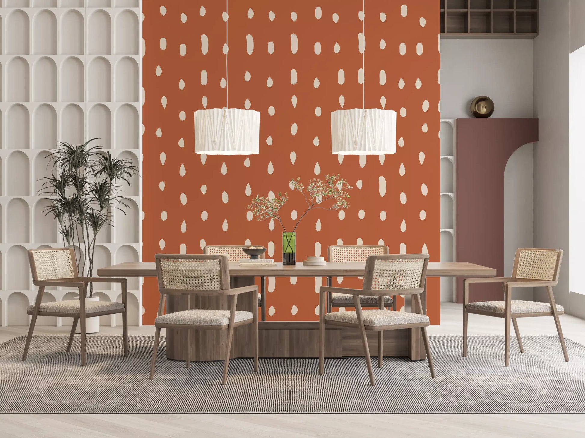 Organic dot repeat on earthy terracotta wall mural in dining room., GD10573