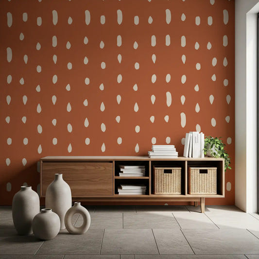 Hallway wall with terracotta seed dot pattern mural in retro style.