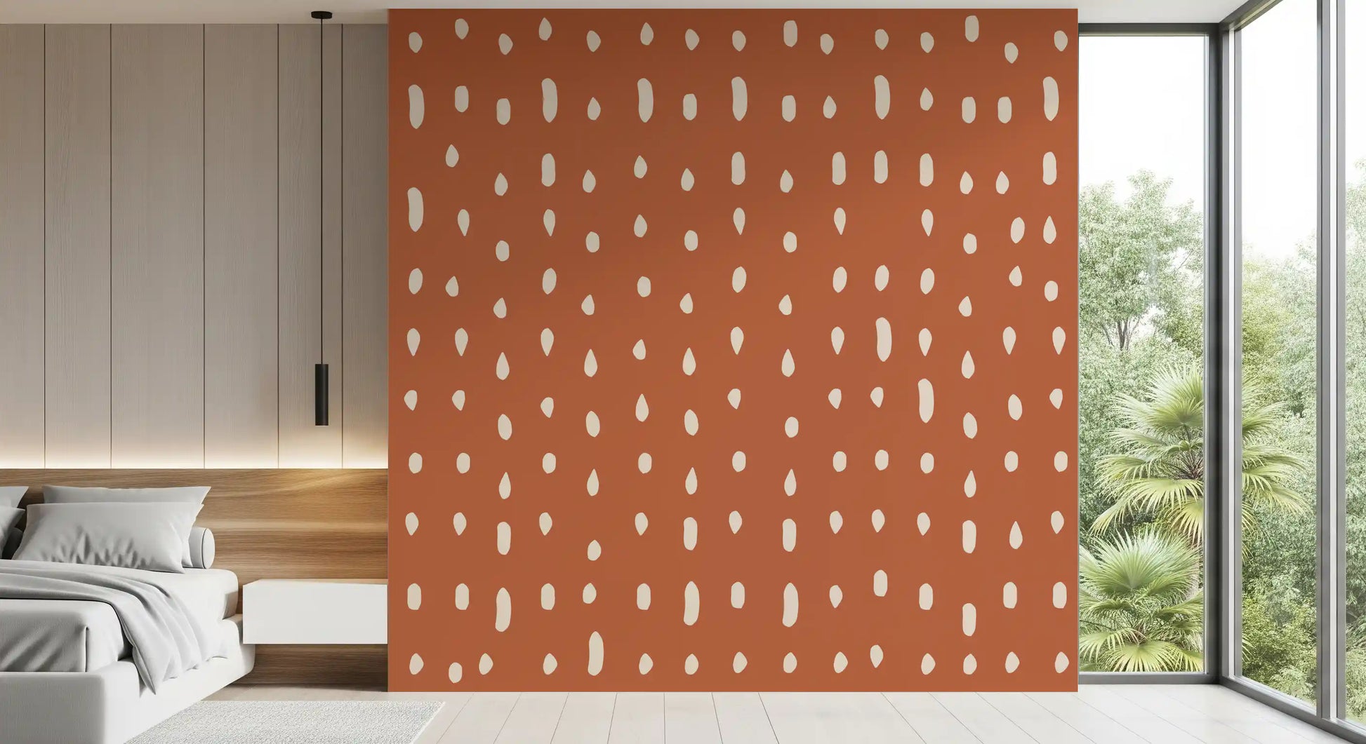 Terracotta wall mural with irregular cream seed dot forms., GD10573