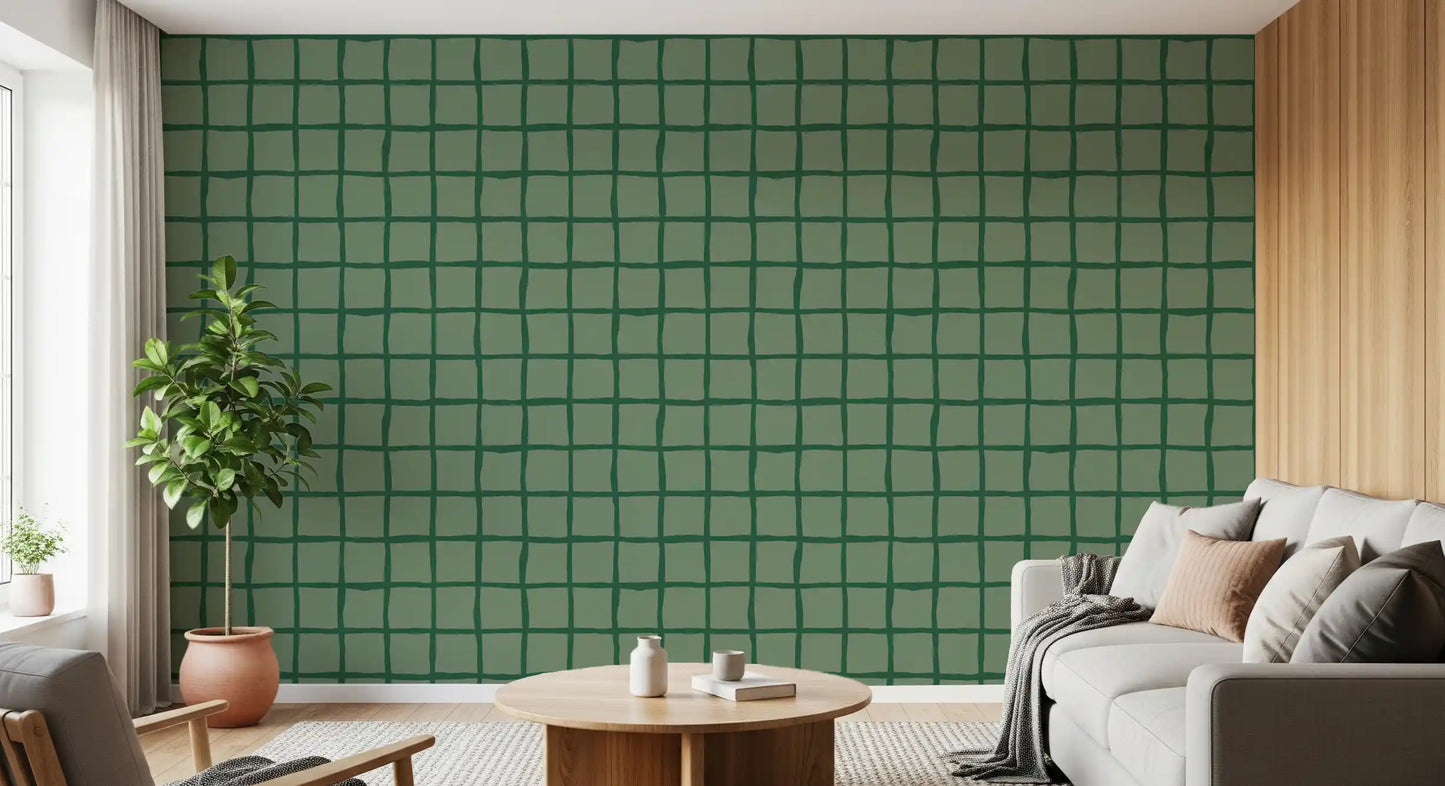 Mid century green grid wallpaper with dark lines.