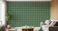 Mid century green grid wallpaper with dark lines.