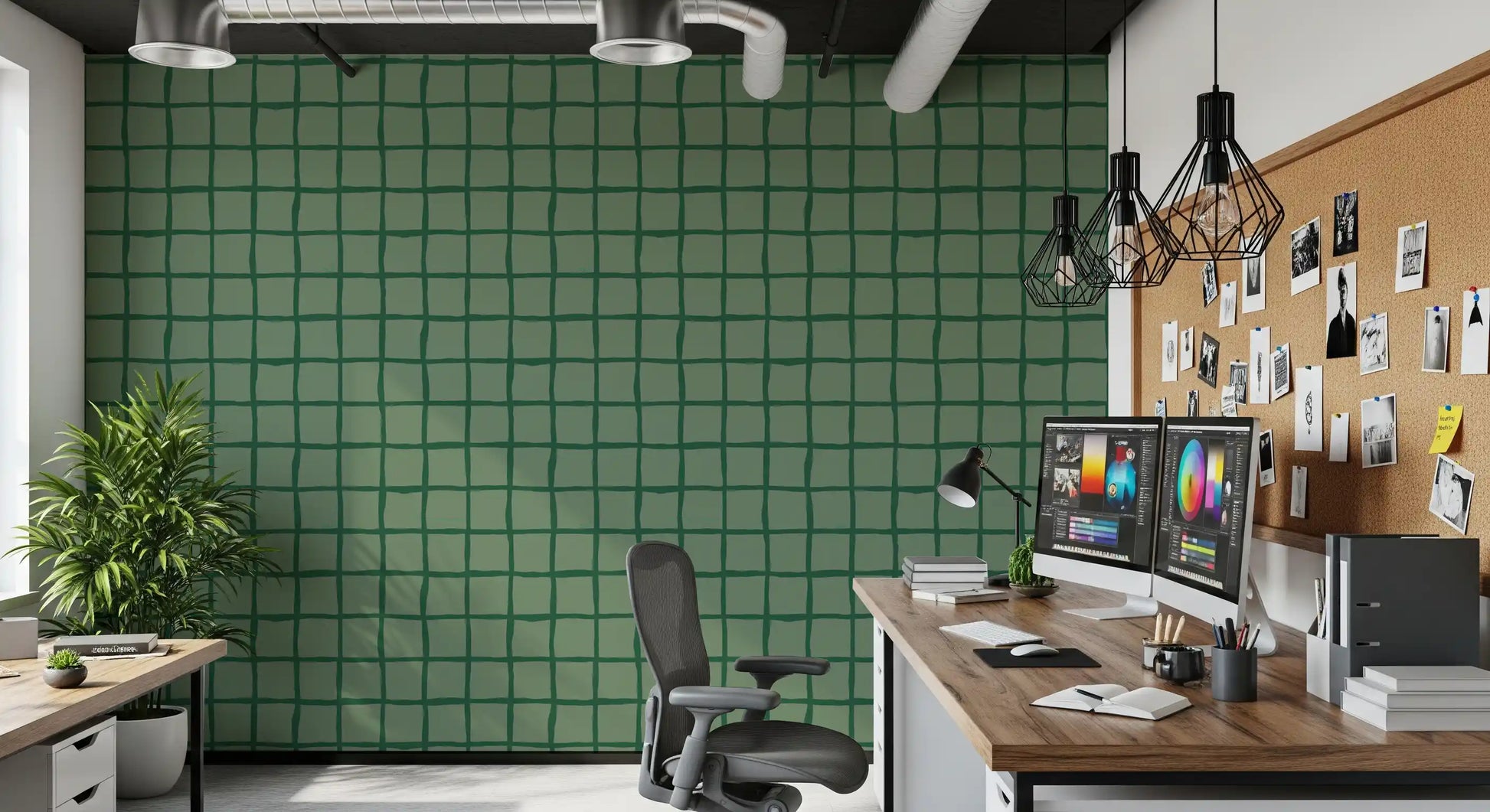 Geometric green grid wallpaper with uneven square pattern.