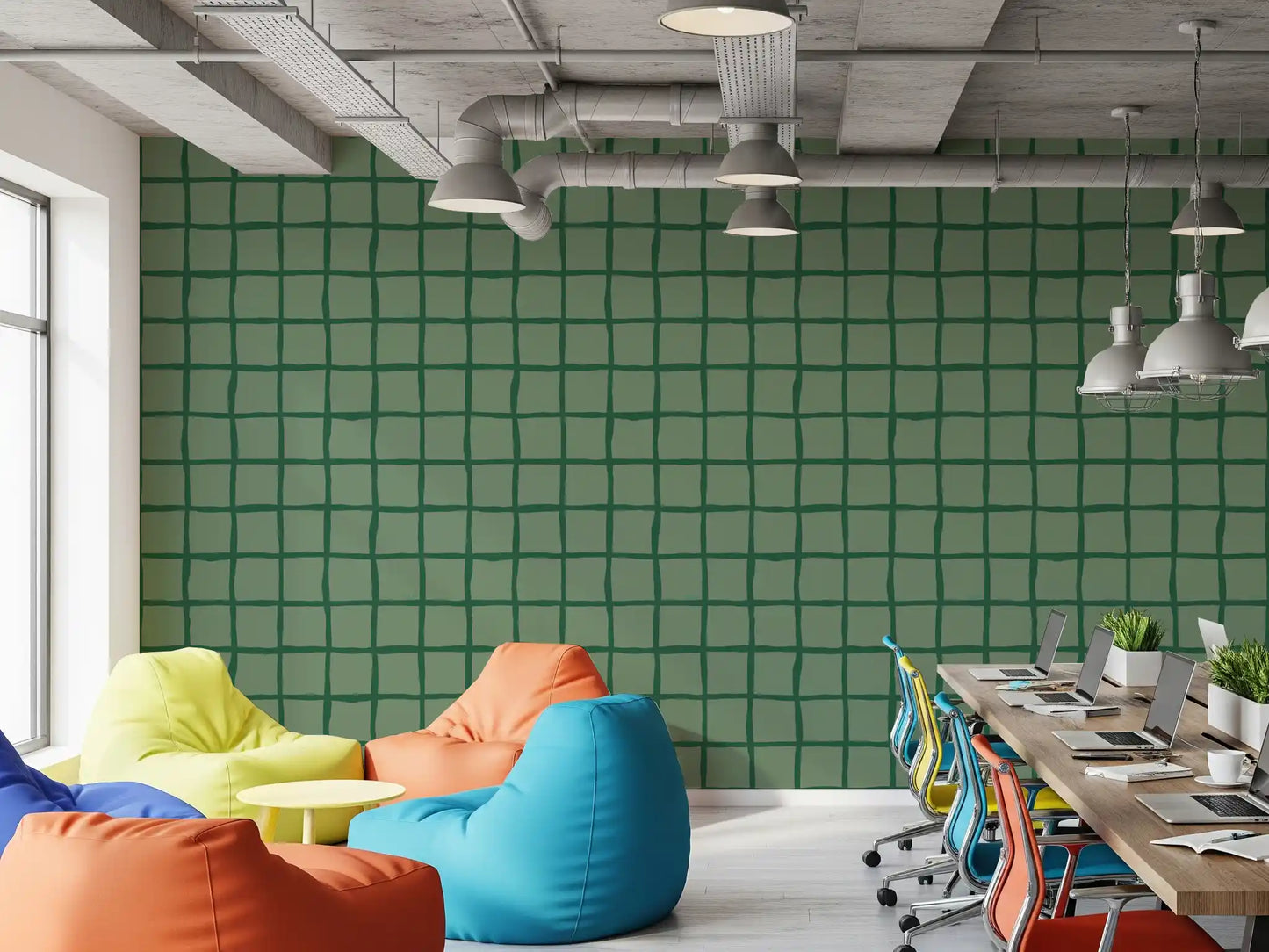 Office wall showing olive green wavy grid wallpaper pattern.