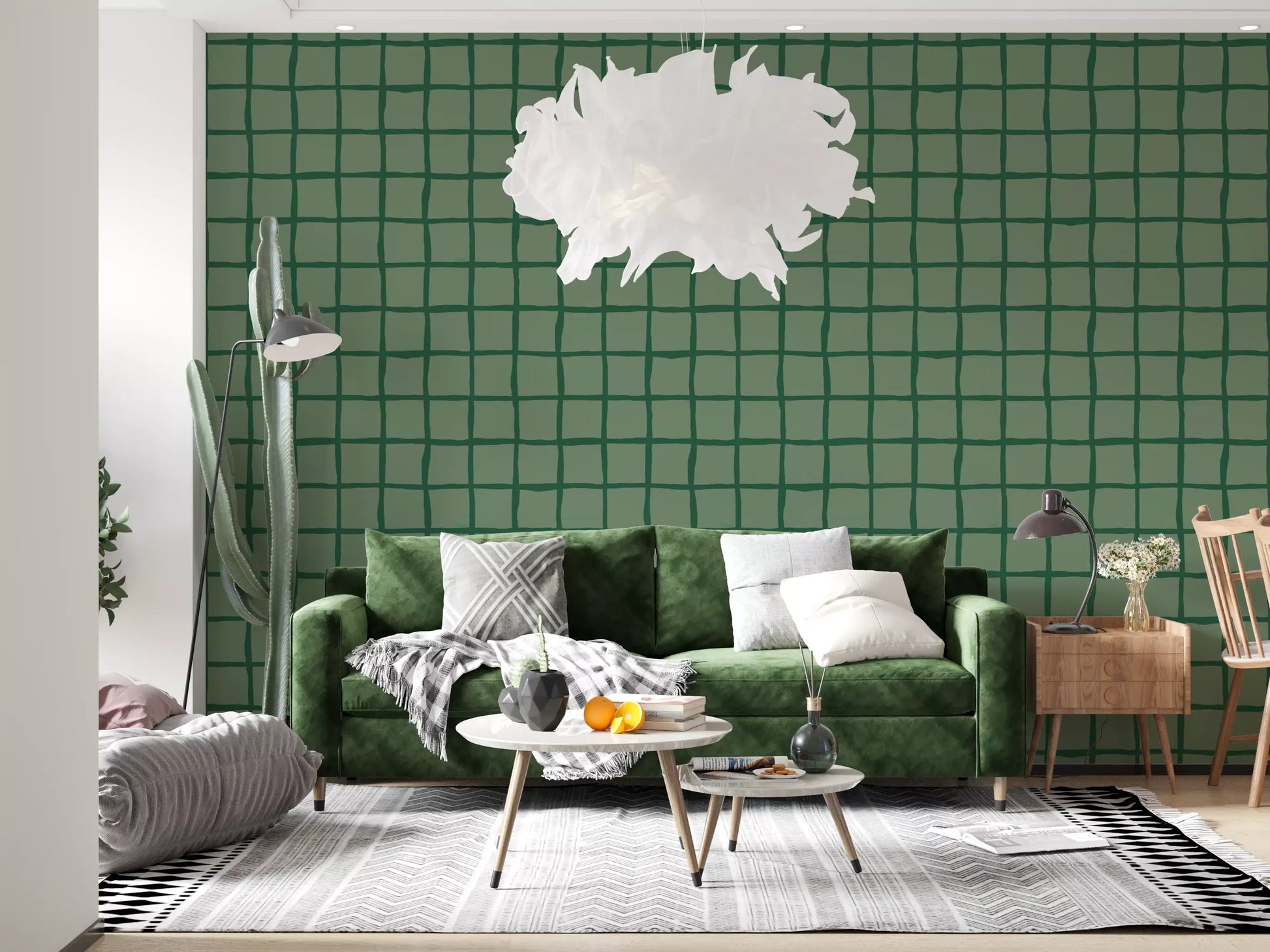Mid century wallpaper with loose freeform grid in olive green.