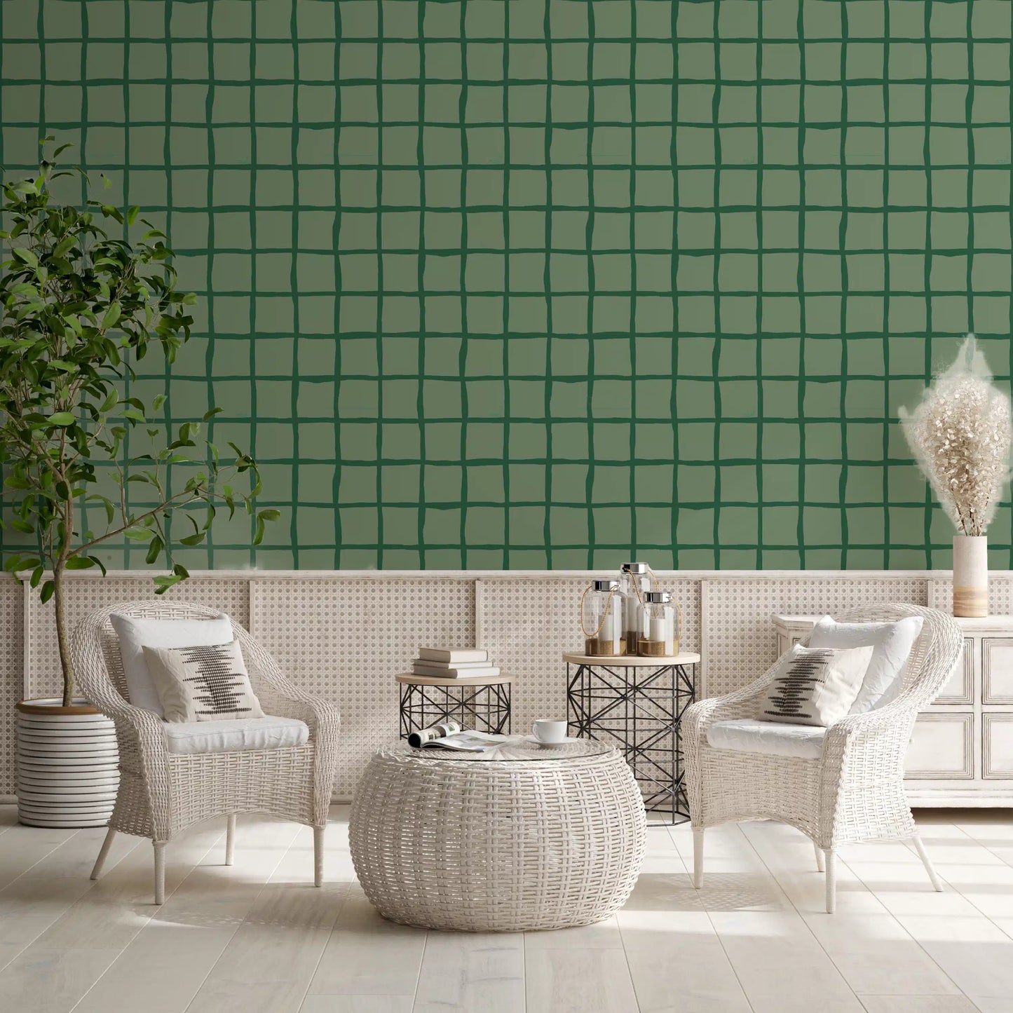 Irregular olive and forest green grid pattern wallpaper.