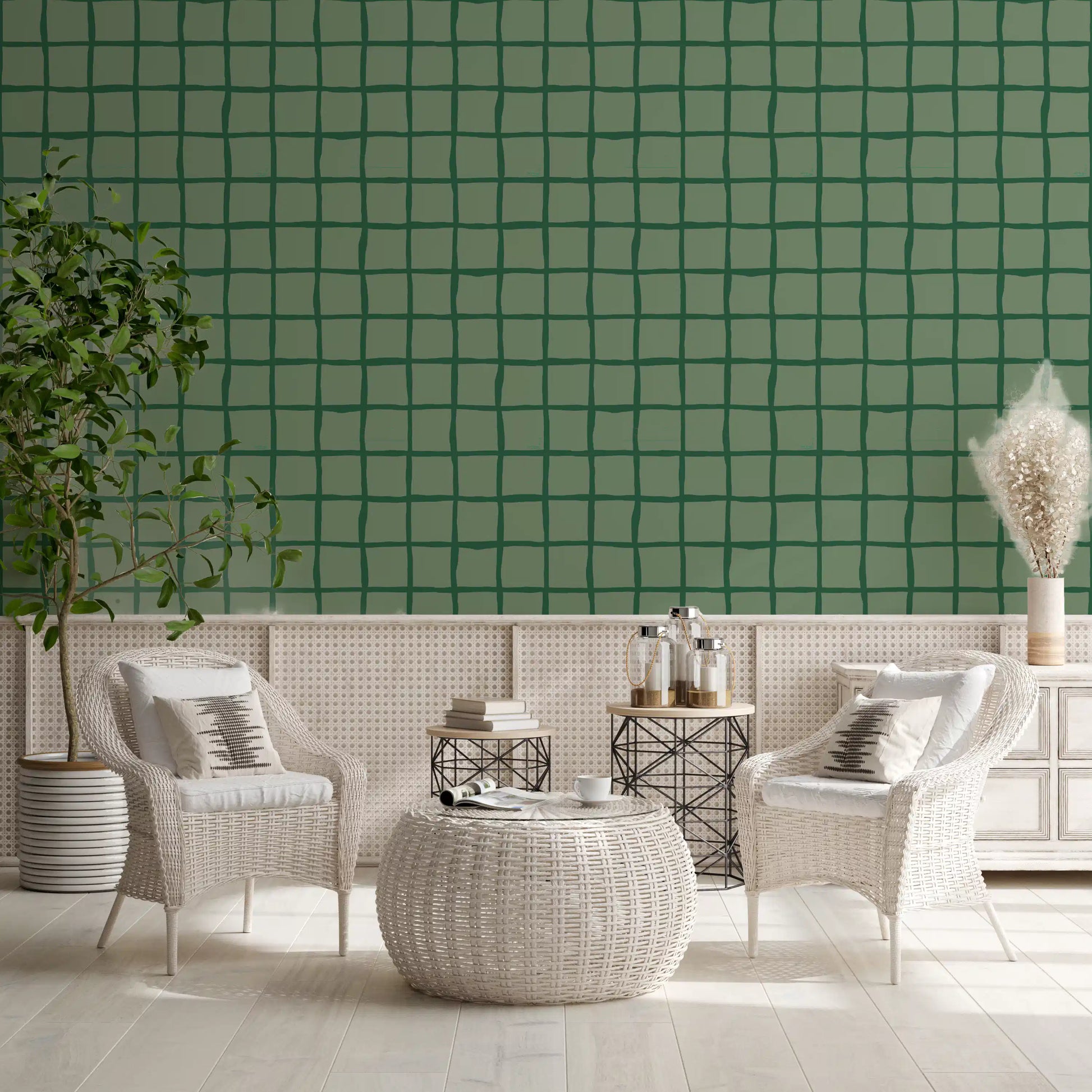 Irregular olive and forest green grid pattern wallpaper.