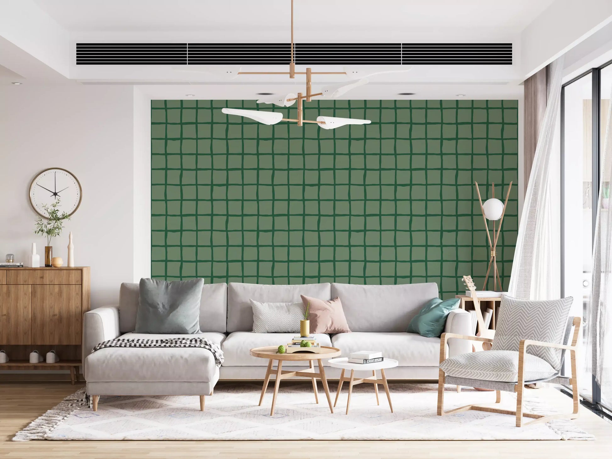 Mid century green grid pattern wallpaper in a living room interior.