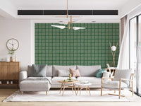 Mid century green grid pattern wallpaper in a living room interior.