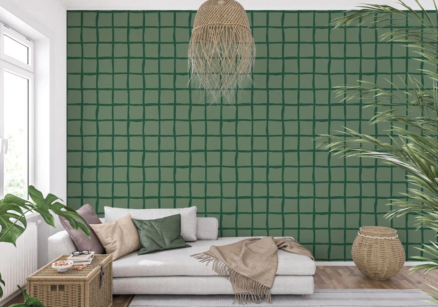 Tonal green wavy grid wallpaper with organic line variation.