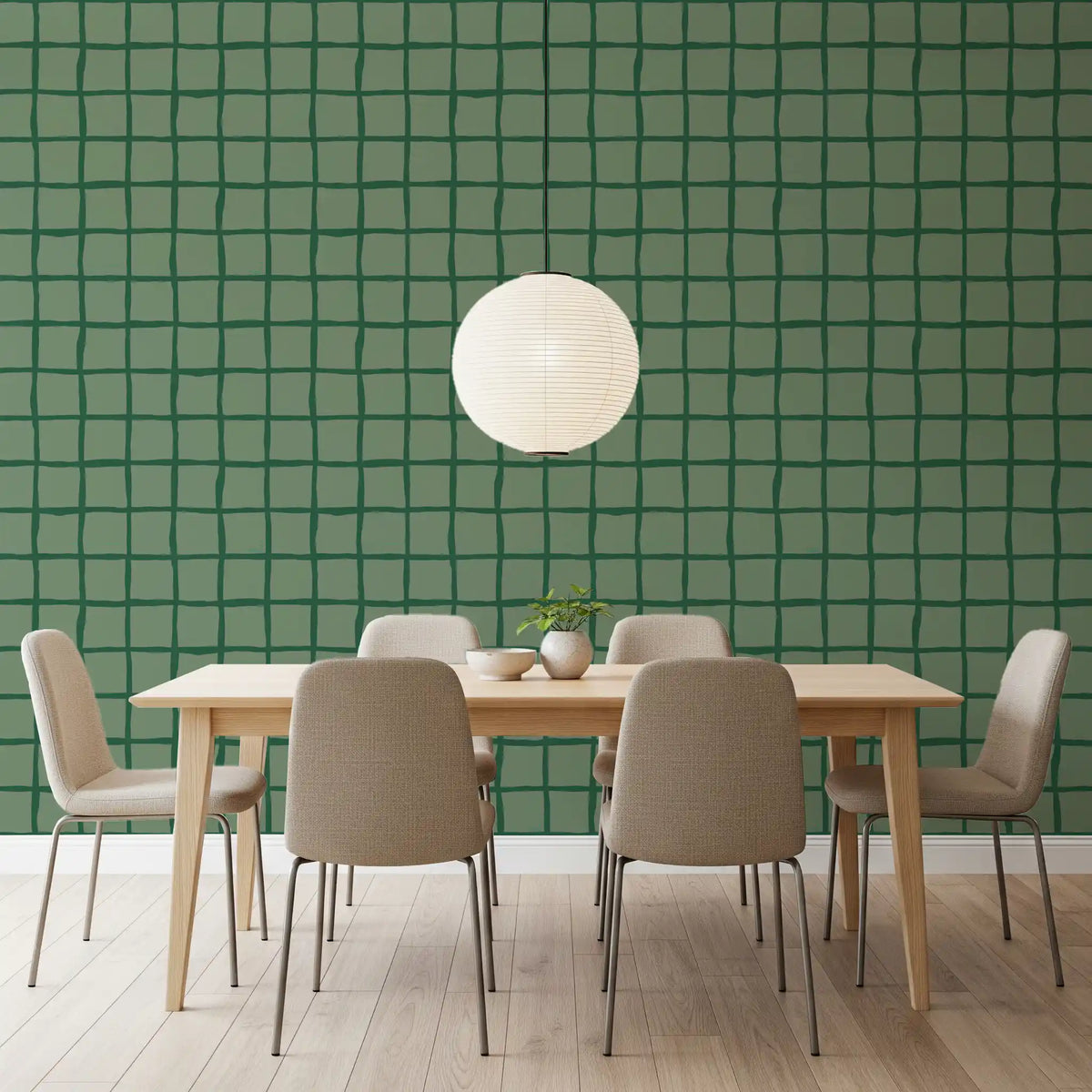 Olive green wavy grid wallpaper in a modern dining room setting., GD10574