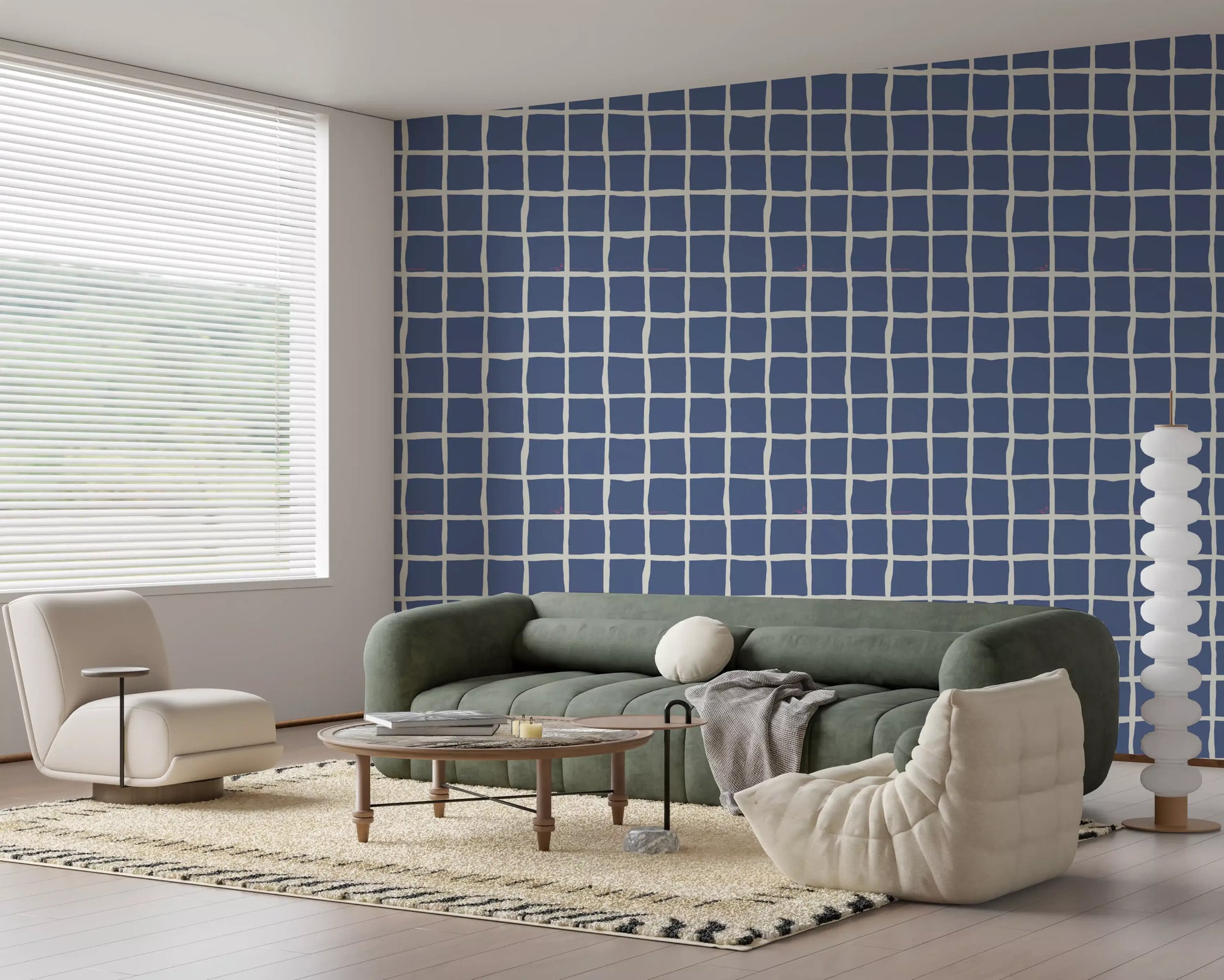 Mid century blue grid pattern wallpaper in a living room space.