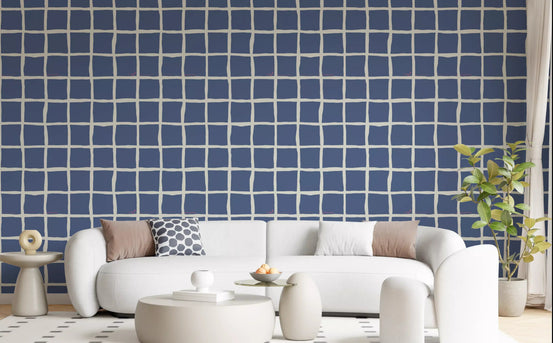 Dusty blue wavy grid wallpaper in a contemporary living room., GD10575