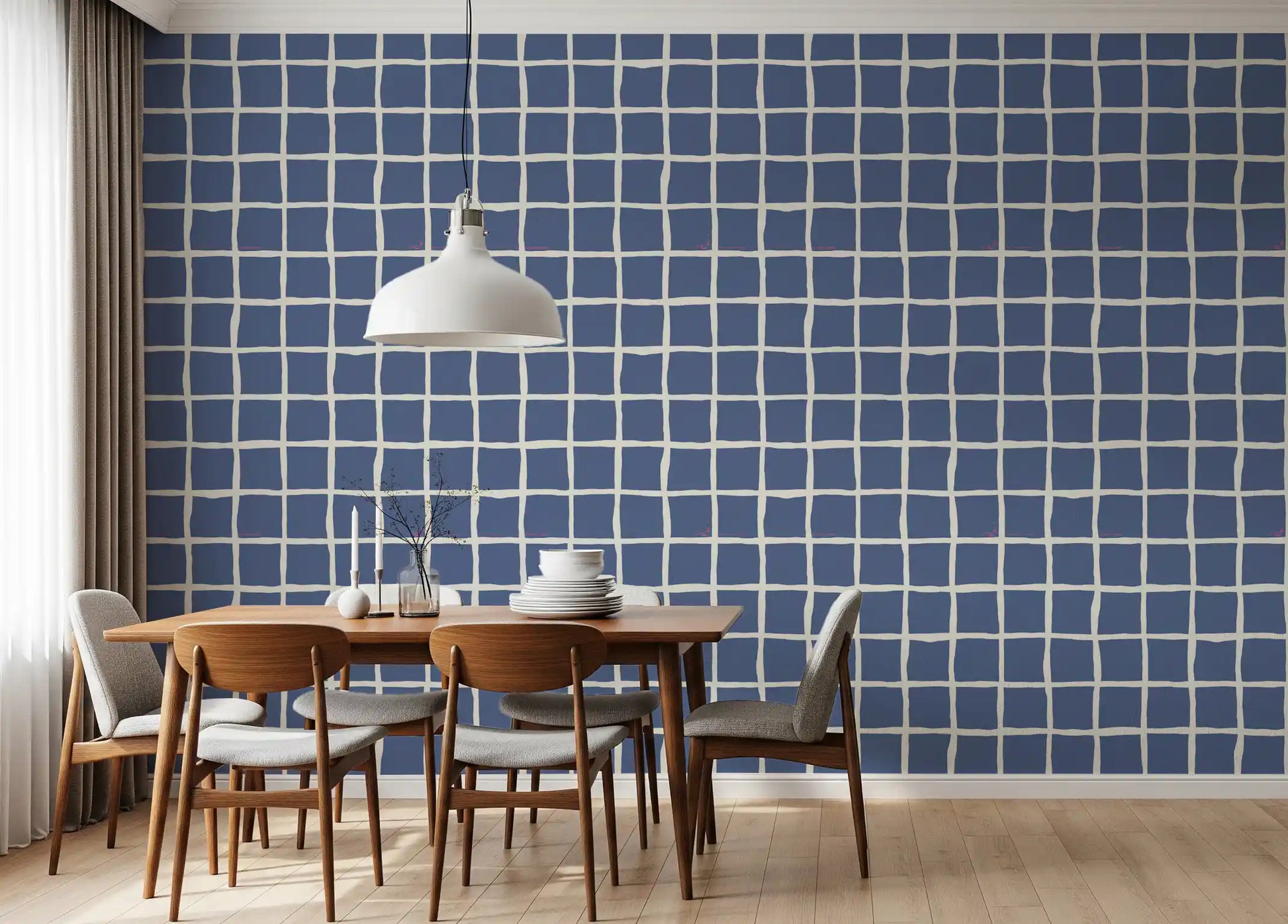 Wavy cream lines forming irregular grid on blue wallpaper.