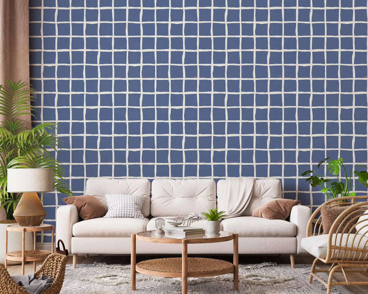 Geometric blue grid wallpaper with uneven square shapes.
