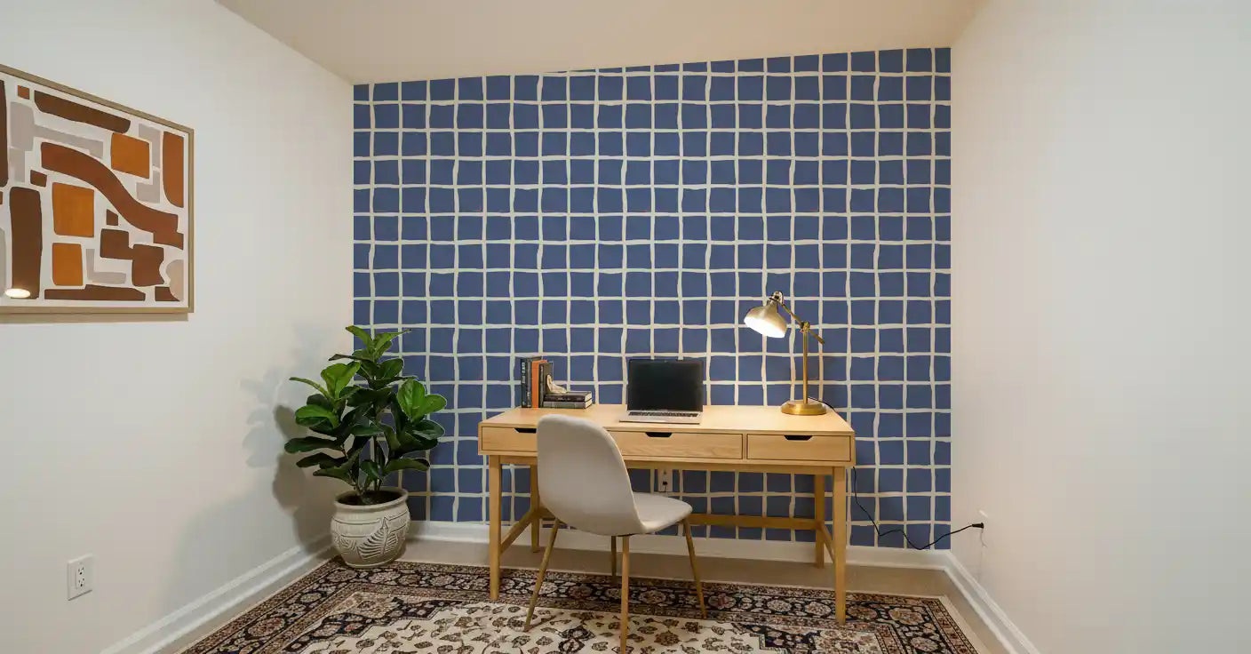 Mid century wallpaper with freeform grid in dusty blue.